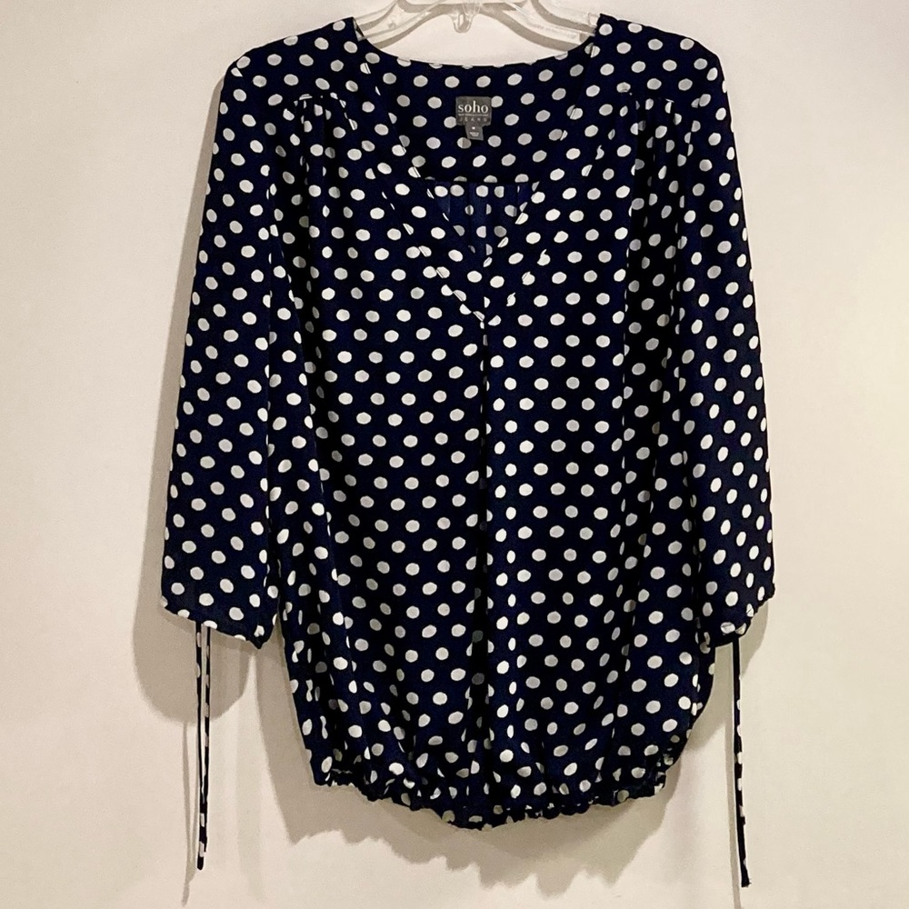 New York & Company Soho Jeans Polka Dot V-Neck Top, Size M, Navy